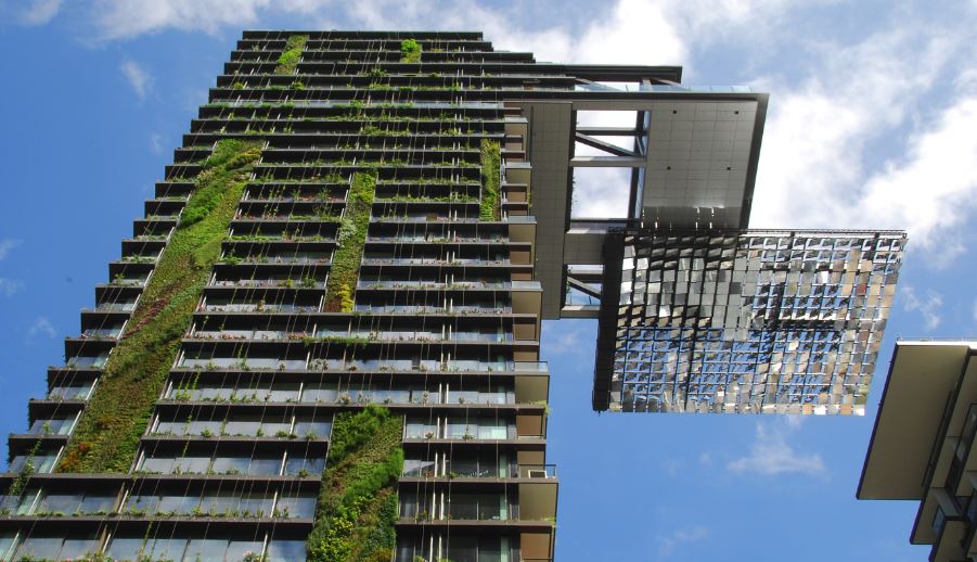 One central park building, showing living wall and green design
